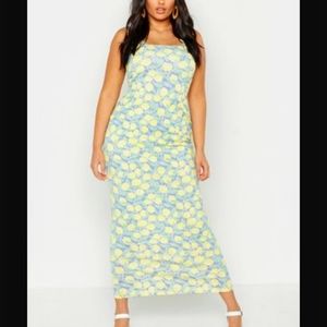 boohoo Lemon Print Ruffle Detail Maxi Dress